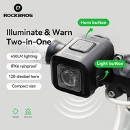 ROCKBROS Bike Light Bell 2-In-1 Headlight 450LM IPX6 Waterproof Night Warning Electronic Horn Front 