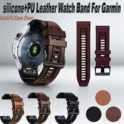 QuickFit 22mm 26mm silicone+PU Leather Watch Band For Garmin Fenix 8 47 51mm 7X 7 6X 6 Pro Epix Pro 