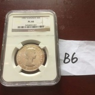 1957年加拿大發行 伊利沙伯二世50C 半圓半元銀幣，NGC評PL66，B6