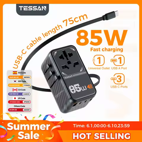 TESSAN 85W 35W GaN Universal Travel Adapter Type C Fast Charging International Adapter with Retracta