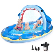 Shark Inflatable Play Center Kiddie Pool with Slide and Sprinkler for Children, 8ft x 5ft x 9.5in ba
