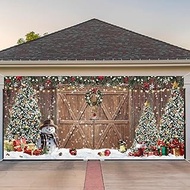 WovWeave 13 x 6 ft Winter Christmas Backdrop Christmas Rustic Barn Wood Door Photography Backdrop Polyester Fabric Christmas Background Xmas Tree Snow Gifts Decor Background for Holiday Photo Props