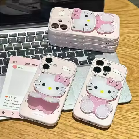 Anime Hello KItty Case For iPhone 17 16 Pro Max 15 14 13 12 Polka Dot Cat Mirror Holder Cute Sanrio 