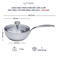 Chảo INOX 3 Lớp Đáy Sâu Lòng Có Nắp Kính Kaiyo 16/18/20/24Cm - Chảo Đúc Nguyên Khối Cao Cấp - Hàng C