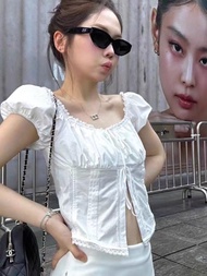 Áo Sơ Mi Ren Tay Bồng Ôm Vừa Vặn Jennie Phong Cách Hàn Quốc Thiết Kế Nhỏ Gọn Áo Thun Dài Tay Màu Trơ