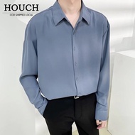 HOUCH COD Button Men Plain Casual Ice Silk Long Sleeve Shirt - White