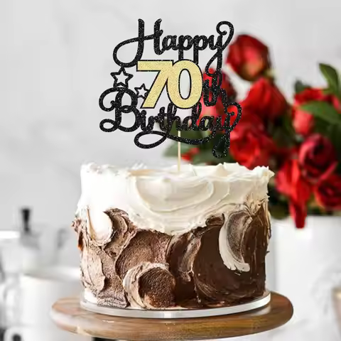 Black Gold Happy 70th Birthday Cake Topper Glitter Cheers to 70 Years Cake Topper 70th Birthday Anni
