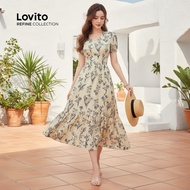 (trendy4)(Lovito Refine) Elegant Floral Ruffle Hem Spring/Summer Off White Dress for Women LR11E1D03