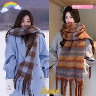 JUNE1 Winter Cashmere Scarf, Warm Mohair Long Tassel Scarves, Retro Plaid Soft Stripe Pattern Thicke