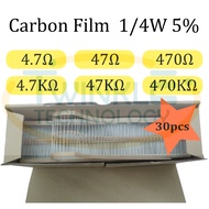 Resistor 0.25W 4.7ohm, 47ohm, 470ohm, 4.7Kohm, 47Kohm, 470Kohm 1/4W 5% 30 Units / PacK