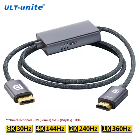 8K30Hz HDMI Source to DisplayPort Cable Unidirectional HDMI to DP 1.4 Cable 4K144Hz 2K240Hz for Moni