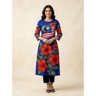 Women's Merdeka 2026 Kurta - 3/4 Sleeve, Straight Cut, Round Collar with 3D Pattern. Perfect for Ray