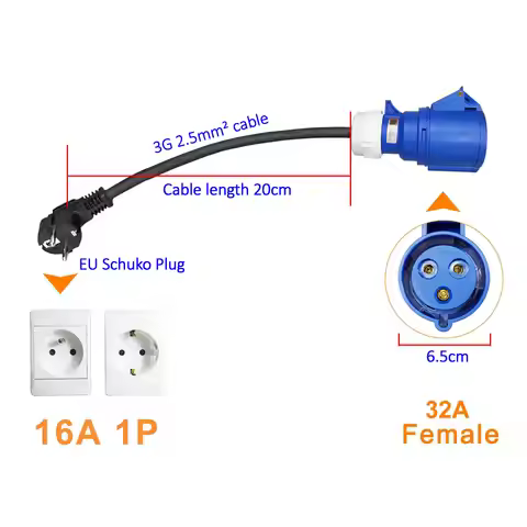 32A Blue CEE Socket to 16A EU Schuko Plug Adapter 7KW to 3.5KW Electric Vehicle Charging Adapter For