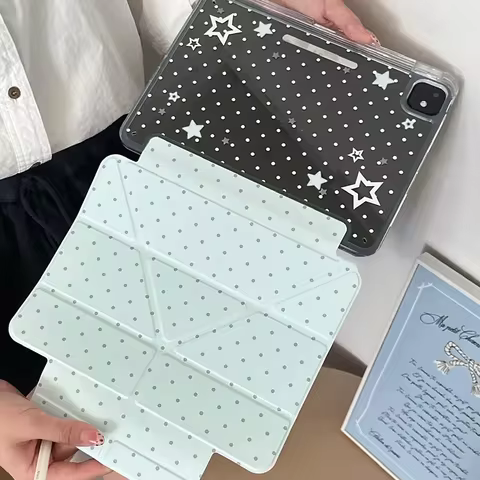 Korean Green Star Polka Dot 3+Y Folding For iPad Pro Air M5 M4 M3 M2 13 11 2 1 11th A16 12.9" 10 9 8