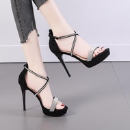 Giày Cao Gót Đế Đúp Sandal Nữ Gót Nhọn Cao 12p Quai Đính Đá Đi Tiệc Màu Đen Bạc Vàng - CGDDQC