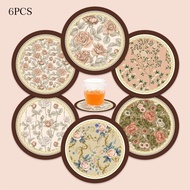 2D Flat 6pcs Spring Floral Coaster Flower Vine Pattern Heat-Resistant Coasters Durable Wooden Materi