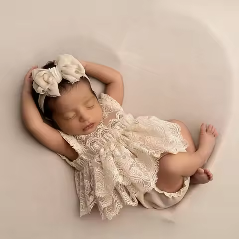 Newborn Baby Girl Lace Photography Outfit Vintage Romper With Double Bow Headband Set Princess Photo