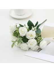1 pieza/2 piezas Bouquets de rosas y flores artificiales, 10 cabezas de flores de rosa falsas con tallos de hojas de boxwood, decoración de follaje verde para bouquets de boda, hogar y oficina