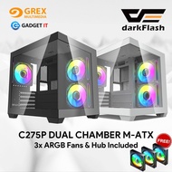 DARKFLASH C275P DUAL CHAMBER M-ATX PC CASING | 3x ARGB FANS & ARGB HUB INCLUDED | GREX MULTIMEDIA | 