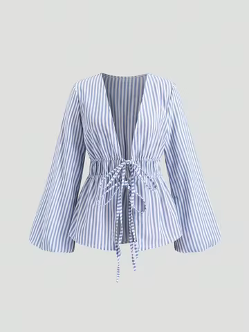 Striped Tie Bow Puff Sleeve Shirt