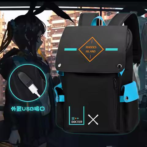 Arknights Exusiai Black USB Charging Port Backpack Cosplay Student Spine Protection Schoolbag lumino