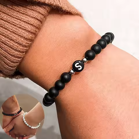Initial Bracelet for Men and Woman Black Onyx 6mm Beads Bracelet with Letter Relationship Jewelry fo