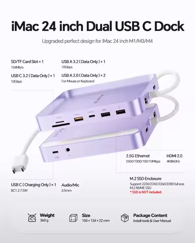 PULWTOP iMac USB Hub with 4K HDMI, Ethernet, USB A/C 10Gbps, SD/TF, M.2 SSD Enclosure (SSD Not Inclu