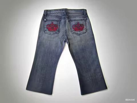 Women's lared Jeans with Red Sequin Crown Embroidery High Waist Denim Pants Victoria Beckham Design 