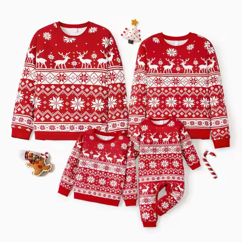PatPat Christmas Family Matching Holiday Theme Moose Snowflake Print Long Sleeve Tops