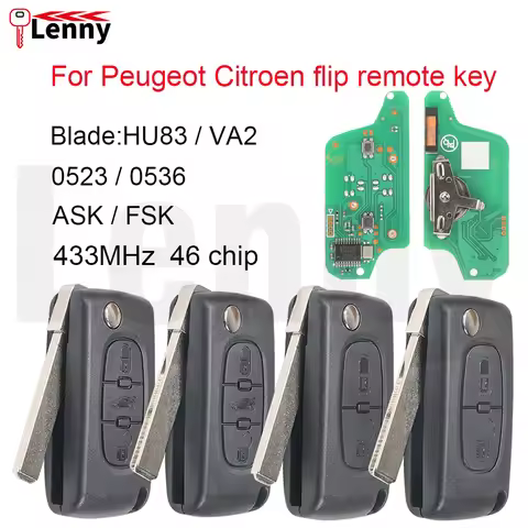 C4 Peugeot 207 Key Lenny 0523/0536 433MHz ASK/FSK 46chip 2-3BT Blade:HU83/VA2 Car Flip Key for Peuge