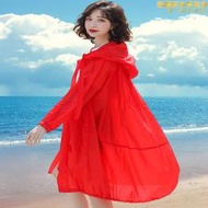 防曬衣女夏季中長版2023新款大尺碼透氣開衫薄款紅色風衣外套防曬服