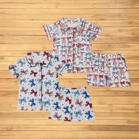 Wholesale hot sale western boutique children clothing Sibling Baby Girls Bows Button Top Short 4th O