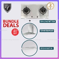 EF EFH 2763 WT VSB Gas Hob 76CM + Hood (EFCH 9103T SS, CK VETRO PLUS) Bundle Deal