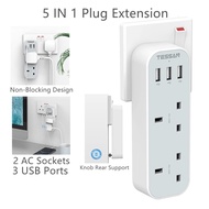 Double Plug Adaptor with 3 USB, TESSAN 2 Way Multi Plugs Extension Adapter, 13A UK 3 Pin Wall Charger Sockets Power Extender for Home, Kitchen, Office