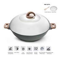 [ Local Ready Stocks ] iGOZO AMOZONAS 36CM NON-STICK PREMIUM GRANITE WOK + GLASS LID FREE : 1. WOODEN SPATULA 2. STEAM