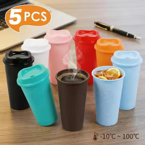 5PCS Coffee Cups with Lids 16oz To Go Coffee Cup with Lids Reusable Plastic Cups for Iced American C