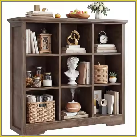 Wooden 9-Cube Storage Organizer with Charging Ports, 4-Tier Bookcase, Open Shelf, Oak