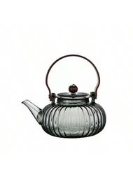 條紋透明黑玻璃花茶壺,電爐加熱水壺,配木製手柄和南瓜狀蓋子