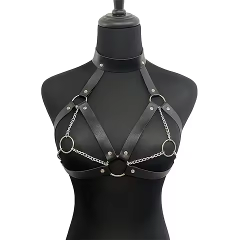 Women Bondage Body Harness Lingerie Goth Crop Tops Leather Bra Cage Collar Body Harness Belt Chain S
