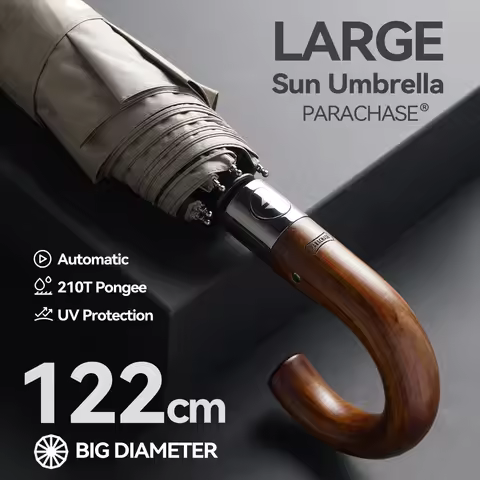 PARACHASE Large Umbrella Men Windproof Strong, Luxury Automatic Umbrella UV Protection, Wooden Handl