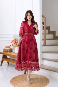 Maxi Dress เนื้อผ้าแก้วฉลุลายปักดอกช่วงคอแต่งคอวี  L-4XL มี5สี ชุดใส่ทำบุญ ลูกไม้สีขาว ชุดขาว เดรสขา