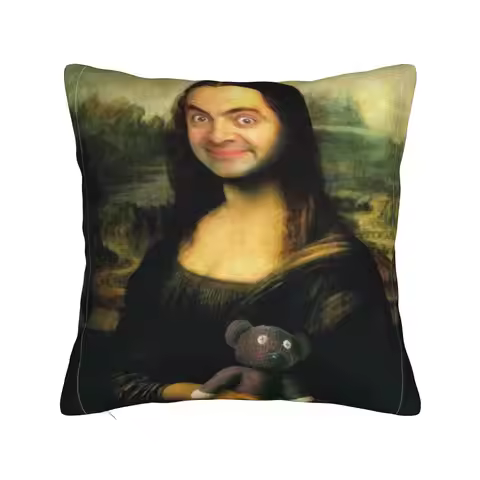 Mr Bean Mona Lisa &Teddy Bear Pillowcase Cushion Cover Decorative Comedy Master Throw Pillow Case Co