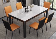 Modern Tempered Glass Dining Set White Dining Table and 6 Orange Dining Chairs