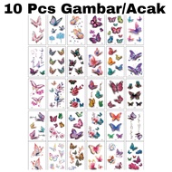 1 Set Isi 10 Lembar Gambar Tattoo Motif Kupu-Kupu Bunga Bunga Mawar Tulip Tulisan Bahasa Inggris Kec