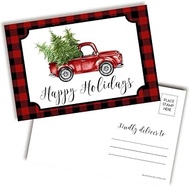 Red & Black Plaid With Pickup Truck Happy Holidays Blank Postcards To Send To Friends & Family, 4"x6