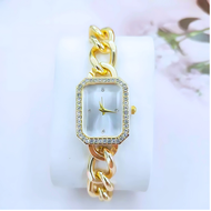 Jam Tangan Wanita Elegan Stainless Square Dial Berlubang Kristal Warna Silver/Pink Gold