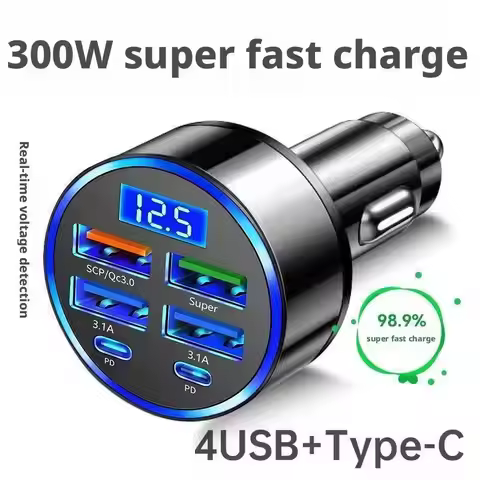 Power Adapter 4-Port Blue Light Fast Car Charger USB PD Quick Charge Adapter QC 3.0 LED Digital Disp