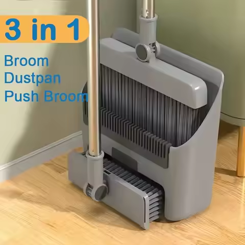 3-in-1 Foldable Broom & Dustpan Set, Soft Bristles, No Hair Tangling, Stainless Steel Handle, Space-