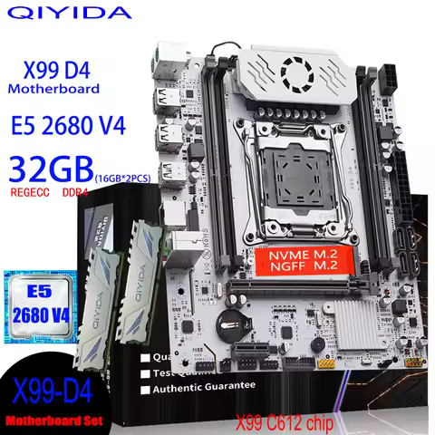 QIYIDA X99 Motherboard Set Kit Xeon LGA 2011-3 E5 2680 V4 CPU Processor 32G=2*16G DDR4 RAM X99 C612c