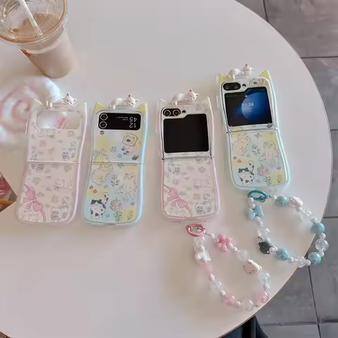 3D Flower Cat Bracelet Phone Case For Samsung Galaxy Z Flip 7 FE 6 5 4 3 ZFlip6 Z Flip6 ZFlip 6 Cat 